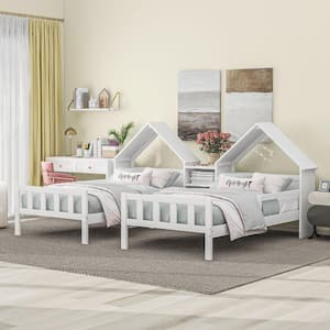 White Wood Frame Double Twin Size Platform Bed with House-Shaped Headboard and a Built-in Nightstand