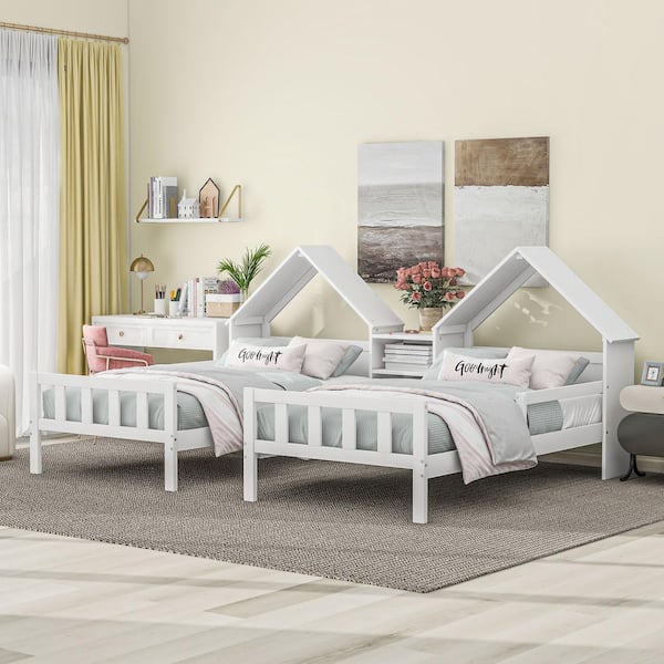 Polibi White Wood Frame Double Twin Size Platform Bed with House-Shaped Headboard and a Built-in Nightstand