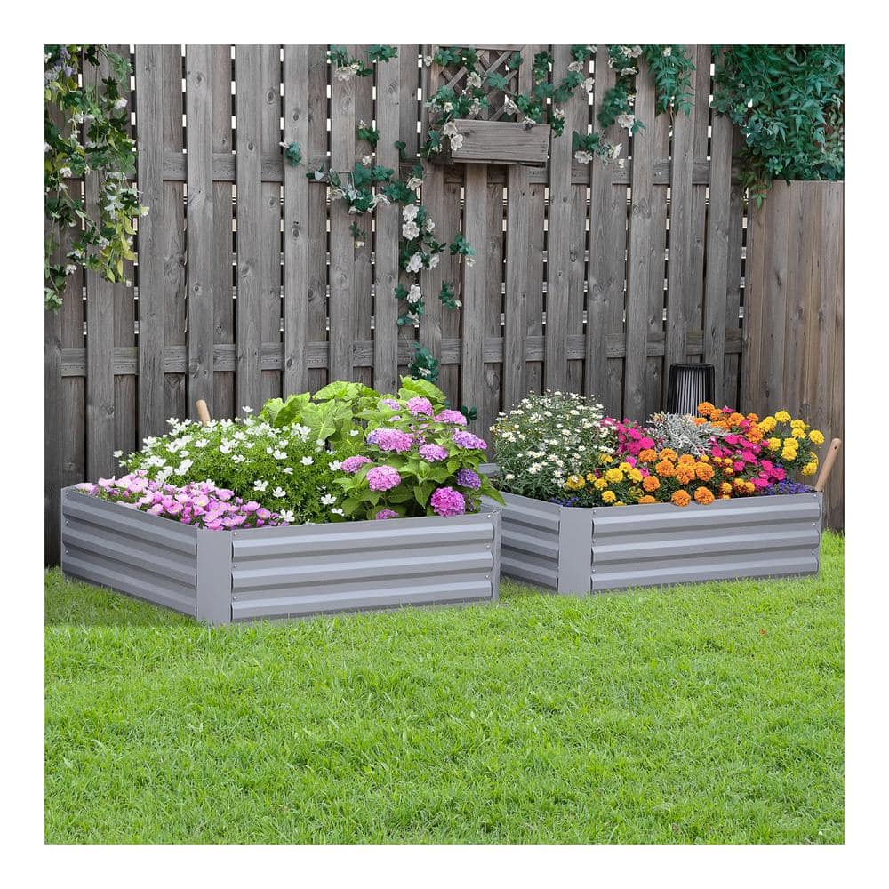 Gray Galvanized Steel Raised Garden Bed Planter Set