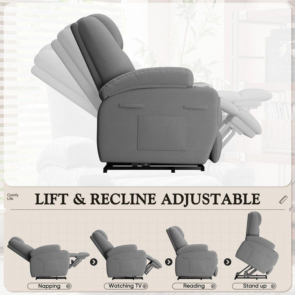 Infographic showing the various reclining and lift positions of the grey chair