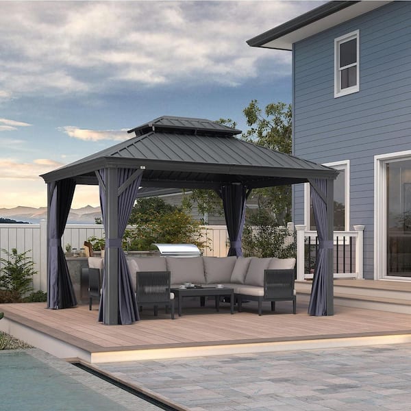 10 ft. x 12 ft. Gray Aluminum Power-Coated Frame Galvanized Steel Double Roof Hardtop Gazebo, Hooks, Blue Curtain