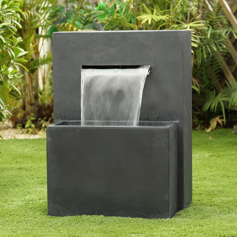 Gray Polyresin Modern Rectangular Waterfall Fountain with Planter