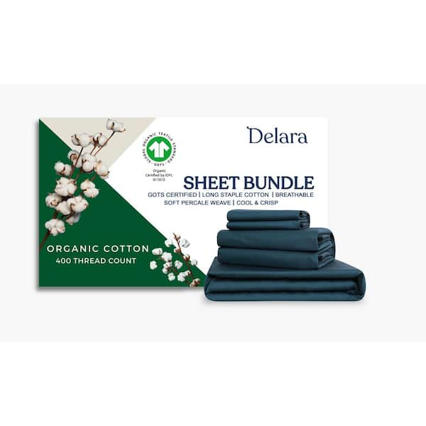 Delara Delara 7-Piece Sheet Bundle Set Midnight Blue 100% Organic Cotton Percale Weave King Duvet Set Plus Sheet Set