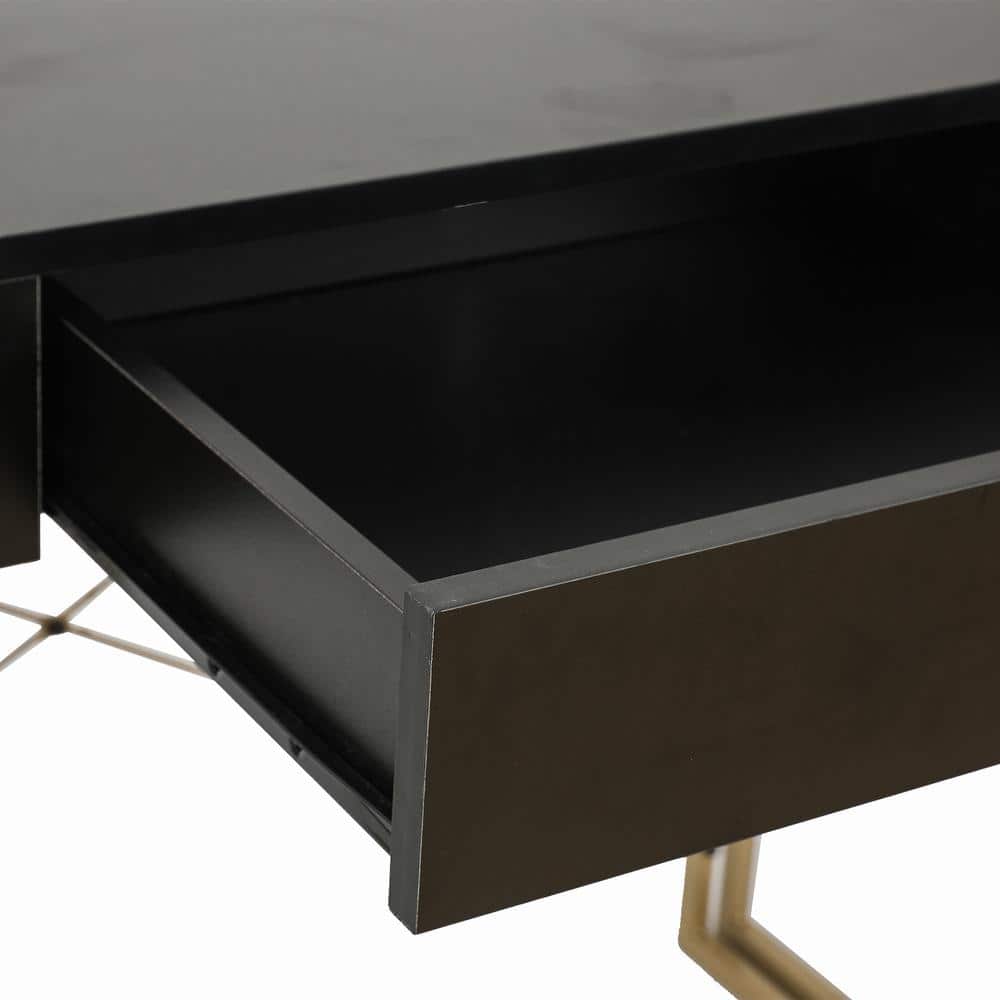 Modern Black Wood Desk with Gold Legs and Drawer