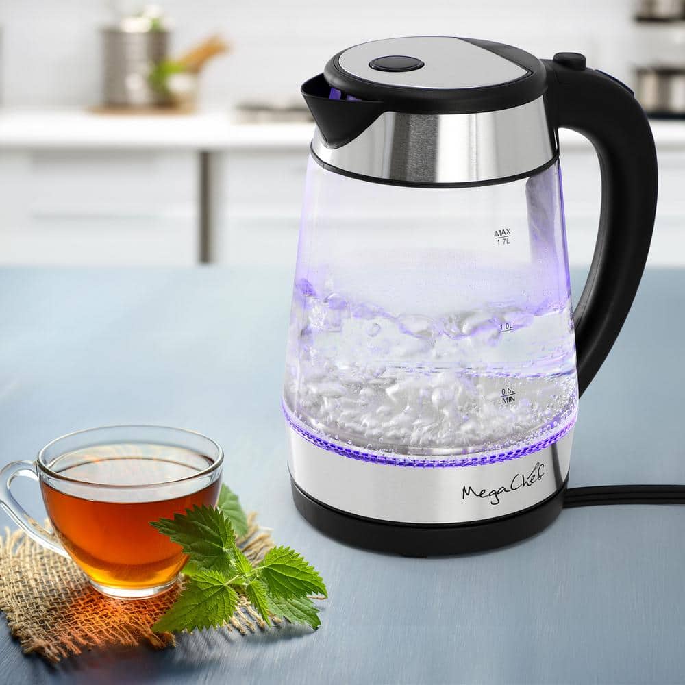 MegaChef 1.7L Silver and Glass Electric Tea Kettle with Auto Shut-Off