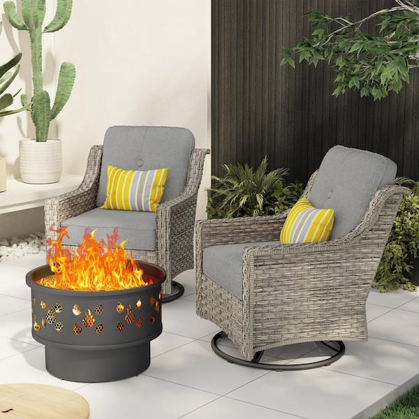 Toject Eureka Gray 3-Piece Wicker Patio Conversation Swivel Chair Set with a Wood-Burning Fire Pit and Dark Gray Cushions