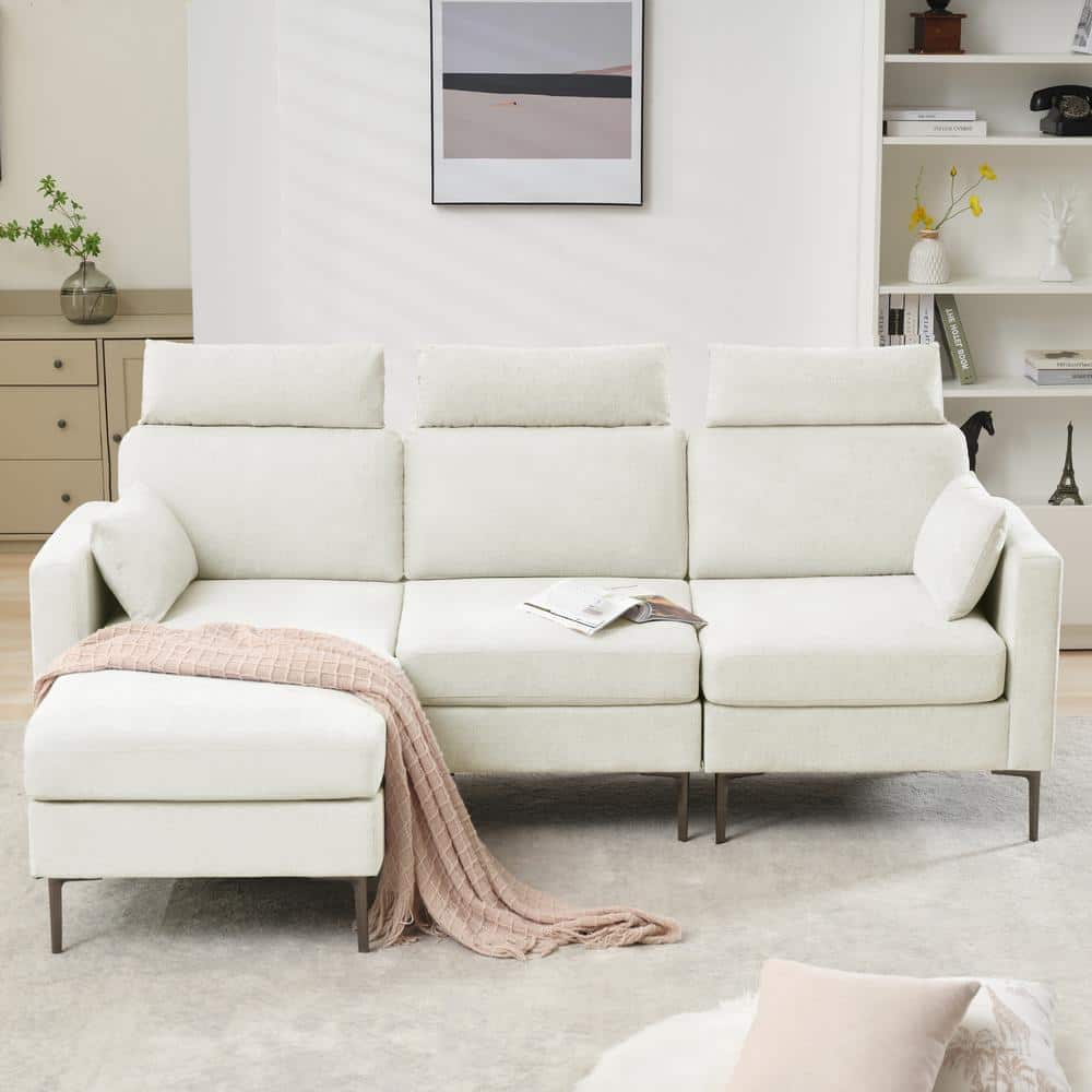 89 in. Square Arm Fabric L Shape Sectional Sofa with Chaise Lounge and Pillow in Beige -  JEAREY, XNE-1-Beige