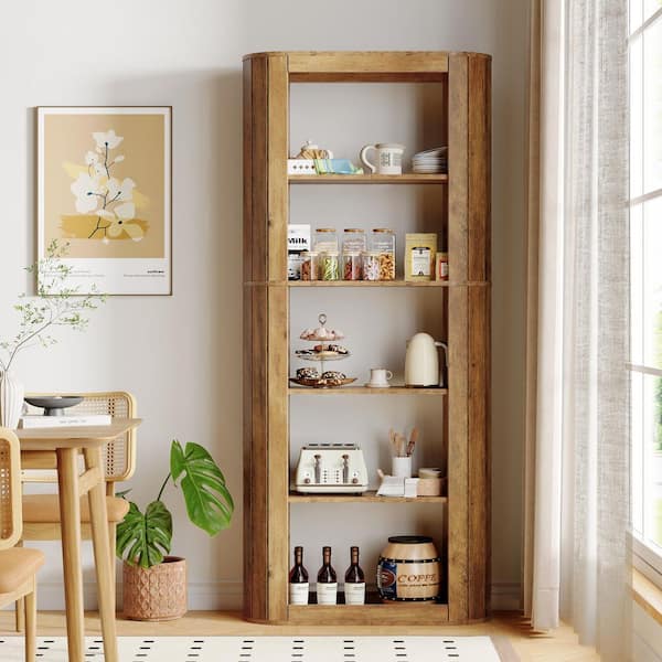 Keenyah Brown Wood 31.5 in. Pantry Cabinet with 5 Open Storage Shelf