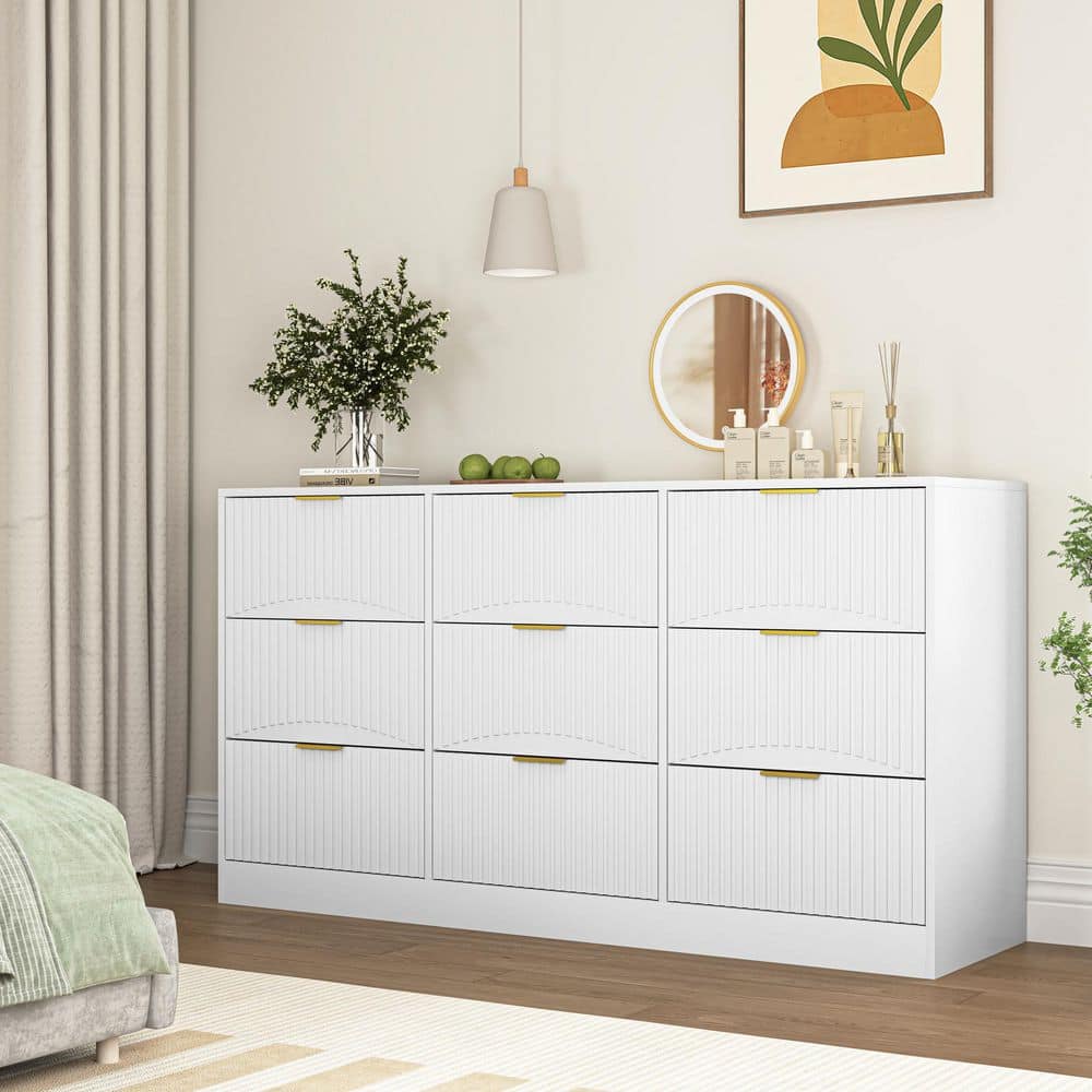 Noble House 63" Wide 9-Drawer Dresser, Modern Storage Chest with Gold Handles, White