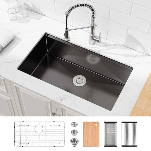 MEDUNJESS TMS 33 in. L x 19 in. W Black Undermount Single Bowl Steel Kitchen Sink with Cutting Board, Colander, Grid