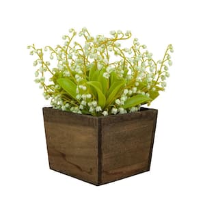 10 in. Artificial Floral Arrangements Lily of the Valley Bouquet in Wooden Box- Color: Green