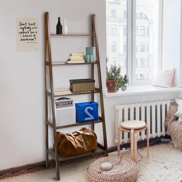 72 in. Warm Brown New Wood 5-Shelf Ladder Bookcase with Open Back