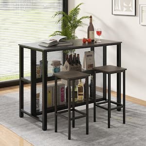 Grey 36 in. Tall 3-Tier Bar Table with Storage Metal Frame Adjustable Foot Pads