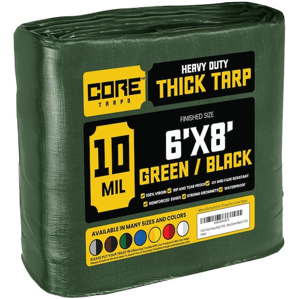 CORE TARPS 6 ft. x 8 ft. Green/Black 10 Mil Heavy Duty Polyethylene Tarp, Waterproof, UV Resistant, Rip and Tear Proof