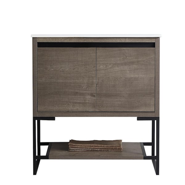Unbranded 30 in. W x 18 in. D x 34.25 in. H Bath Vanity in Gray Brown Wood Grain with White Ceramic Top
