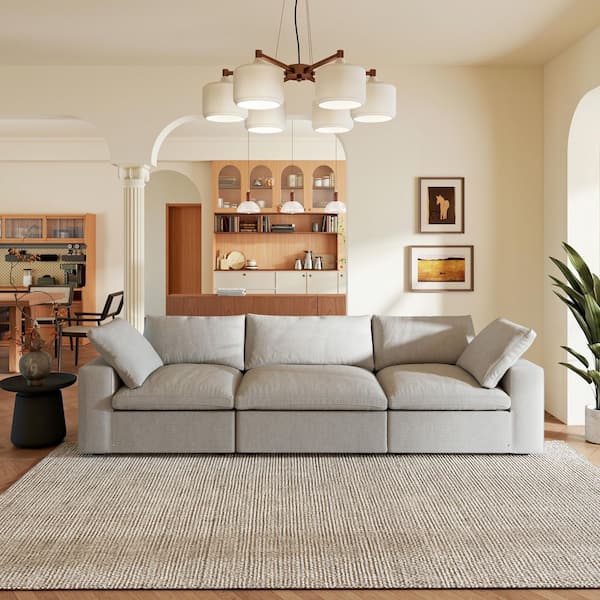 Magic Home 118 in. Square Arm 3-Piece Linen Modular Sectional Sofa Cloud Couch in Gray