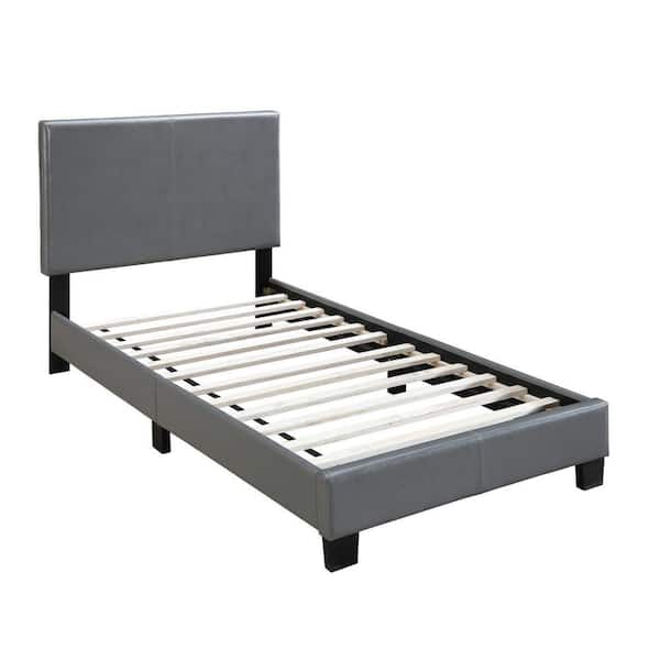 Benjara Gray Wooden Frame Twin Platform Bed with Padded Headboard