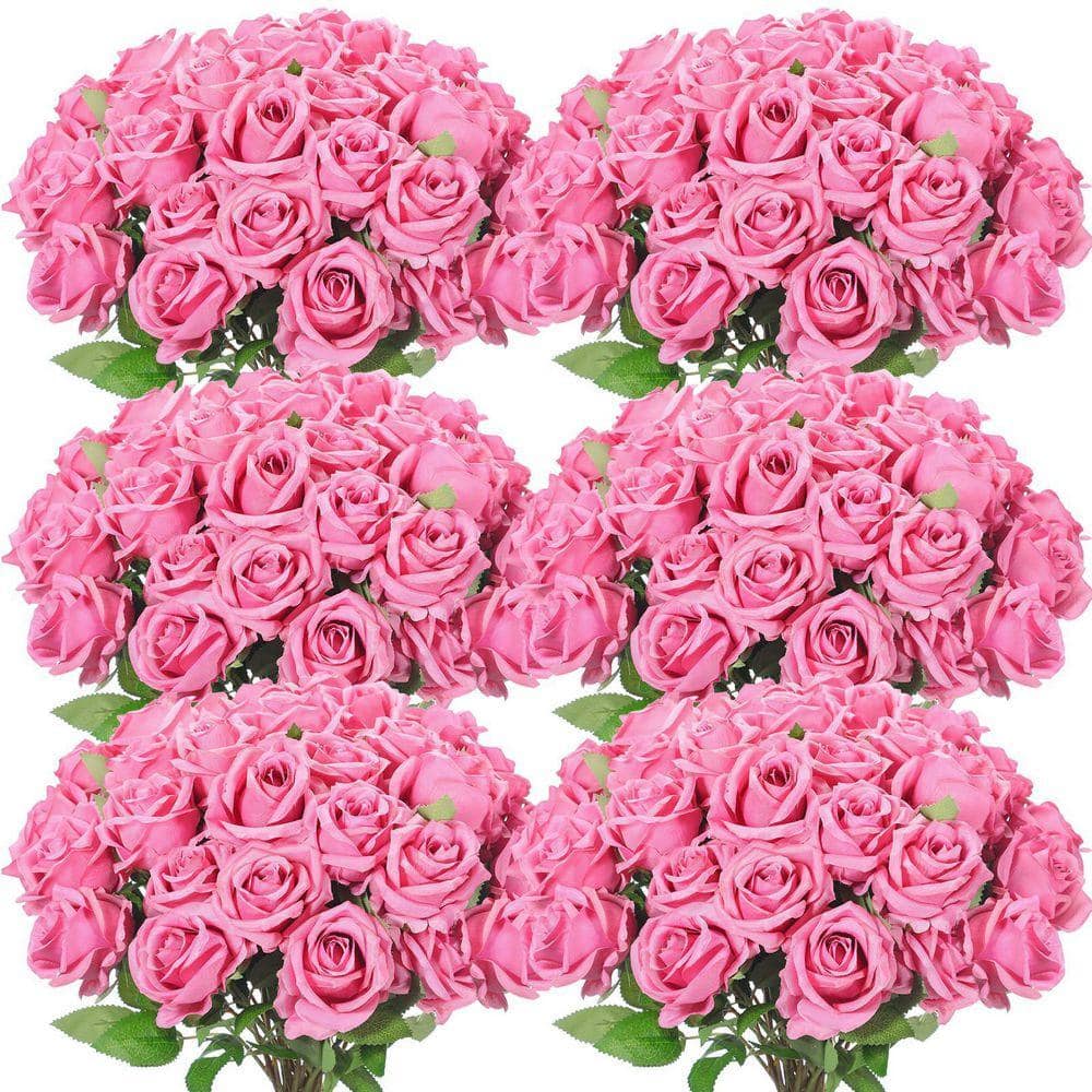 20 in. Pink Outdoor Artificial Rose Plastic Flower for Home 50
