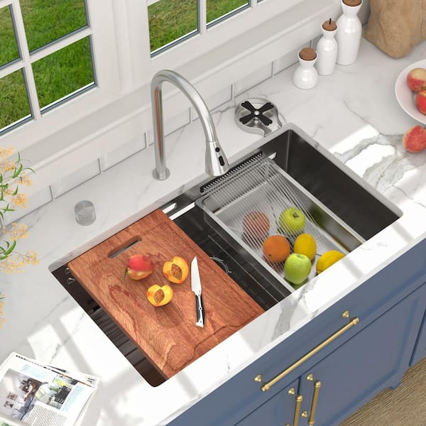 33 in. x 19 in. Undermount Single Bowl 16 Gauge Stainless Steel Workstation Kitchen Sink with Pull Down Faucet