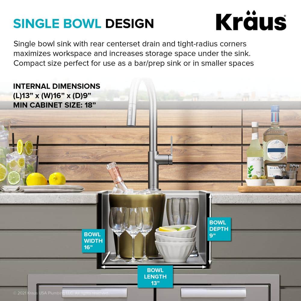 Kore 15" Stainless Steel Outdoor Workstation Sink with Bamboo Cutting Board
