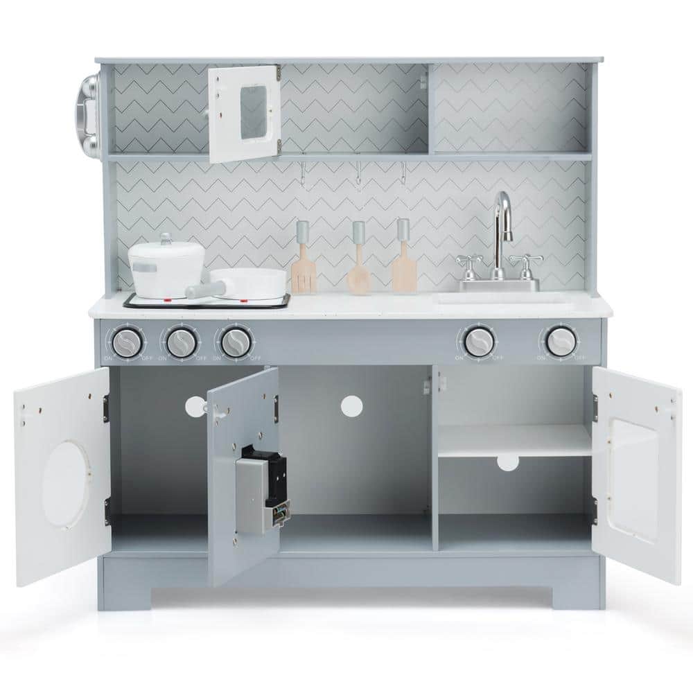 Gray and White Wooden Kids Play Kitchen Set with Light & Sound