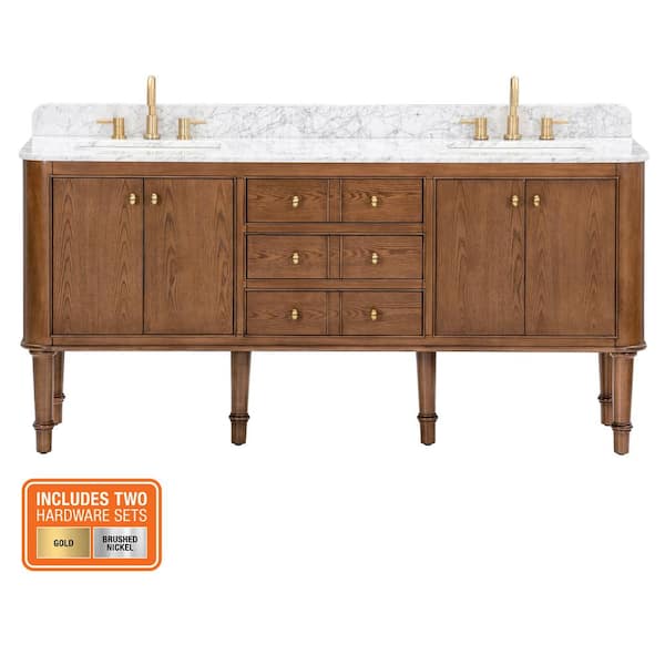 Collette 72 in. Double Sink Cinnamon Oak Bath Vanity with Carrara White Marble Top (Assembled)