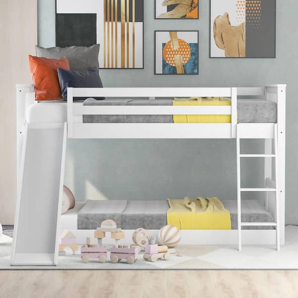 Qualler White Twin over Twin Bunk Bed with Convertible Slide and Ladder