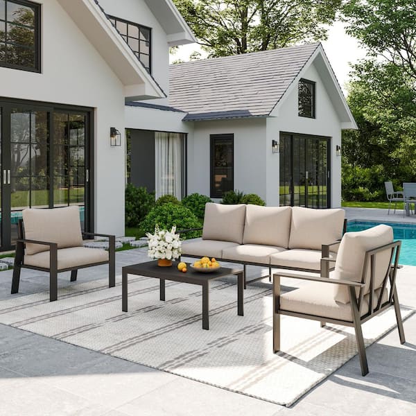 Gray Aluminum Frame 4-Piece 5-Person Outdoor Conversation Set with Beige Cushions