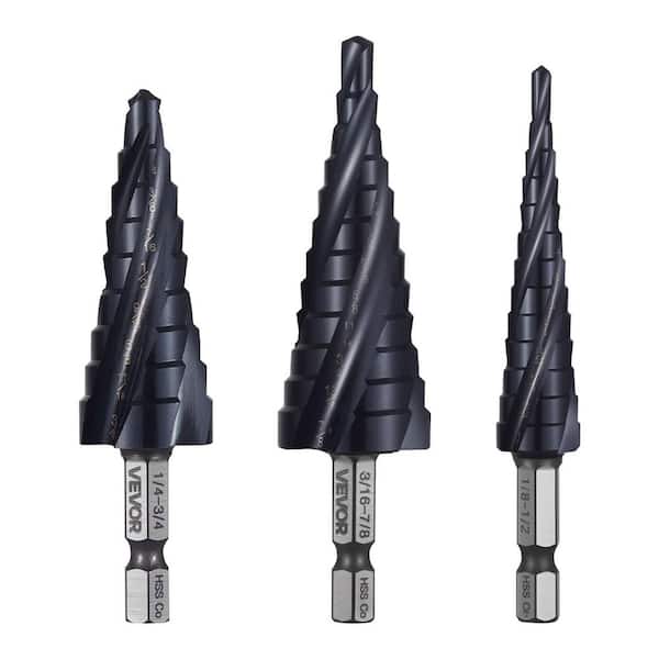 Step Drill Bit Set, TiAlN Coating Cobalt HSS High Speed Steel, (3-Pieces), Step Drill Bits, 1/4 in. Hex Shank