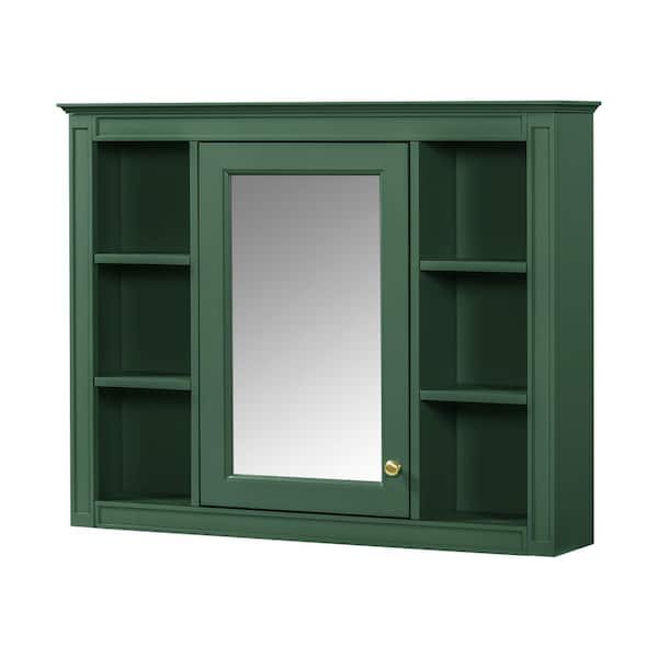 35 in. W x 27.5 in. H Rectangular Wood Medicine Cabinet with Mirror and Open Shelves in Green, Height Adjustable