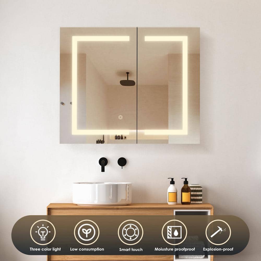 Modern Frameless Silver Glass LED Lighted Bathroom Medicine Cabinet