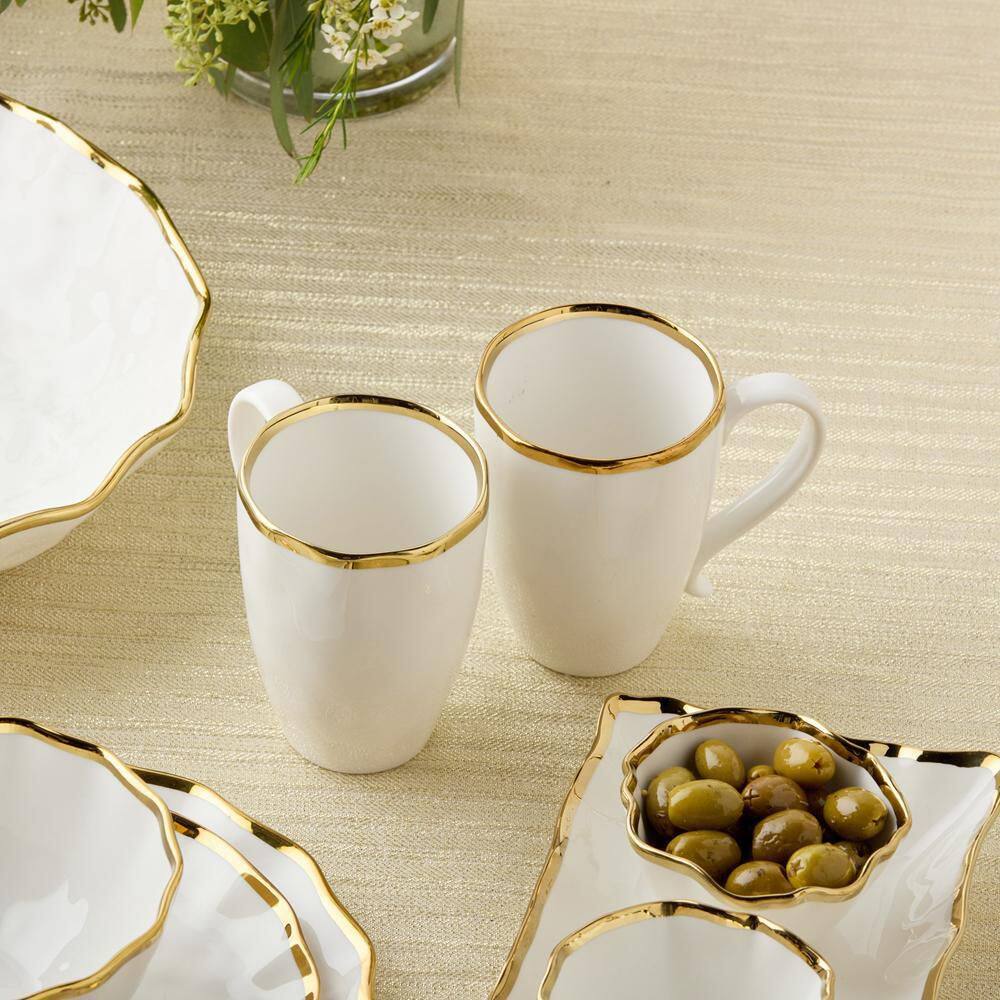 Set of 4 White Ceramic Mugs with Gold Trim, 18oz