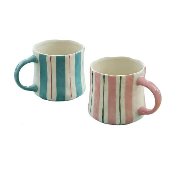 Numhew 12 oz. Multicolor Striped Ceramic Coffee Mug Set for Summer Iced Drinks and Latte, Mug Gift Set for Office (Set of 2)