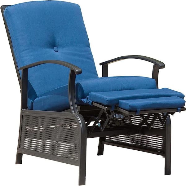 Zeus & Ruta Black Adjustable Metal Outdoor Reclining Lounge Chair with Blue Cushion for Reading, Garden, Lawn