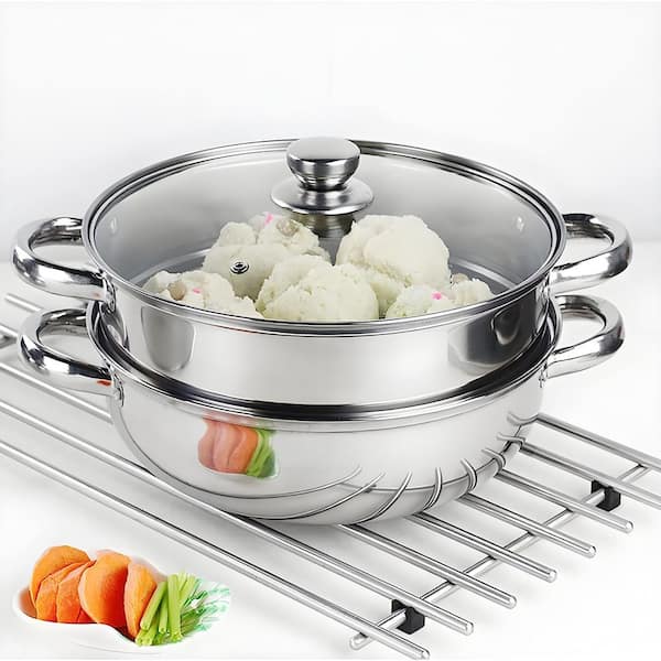 2 Tier Stainless Steel Steamer Pot with Glass Lid, Even Heat, Handle, Multi-Purpose, Kitchen Cooking Tool