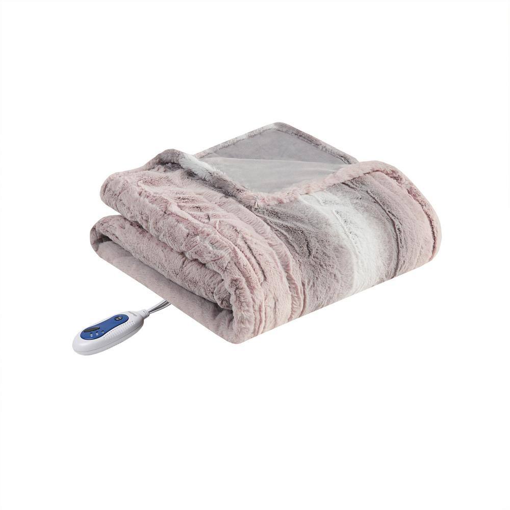 Luxurious Oversized Blush & Gray Faux Fur Heated Throw
