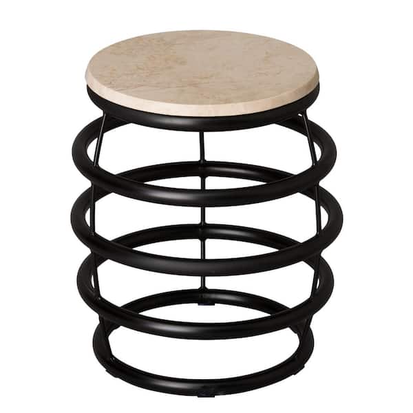 Emissary 19 in. Black Metal Rings Indoor/Outdoor Stool/Accent Table with a White Granite Top