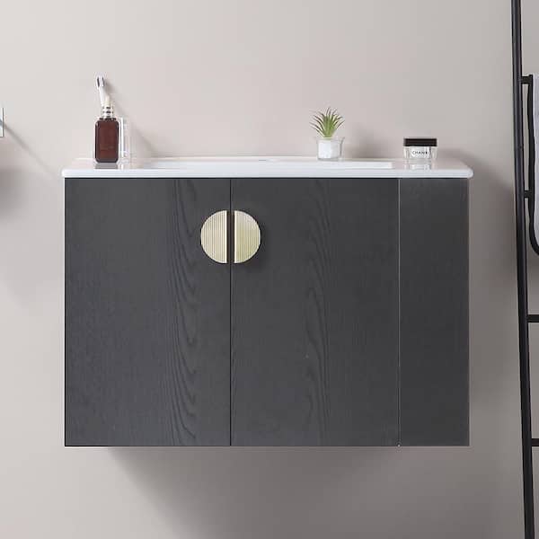 Unbranded 30 in. W x 18 in. D x 20 in. H Wall Mounted Bathroom Vanity in Black with Side Right with White Ceramic Sink Top