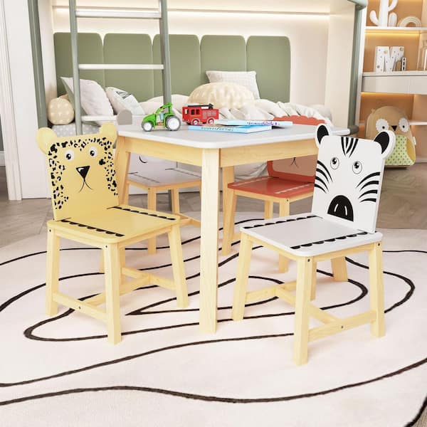 Tidoin 5 Piece Wood Top White Cartoon Animals Table Set with Chair FM YDW8 0280 The Home Depot