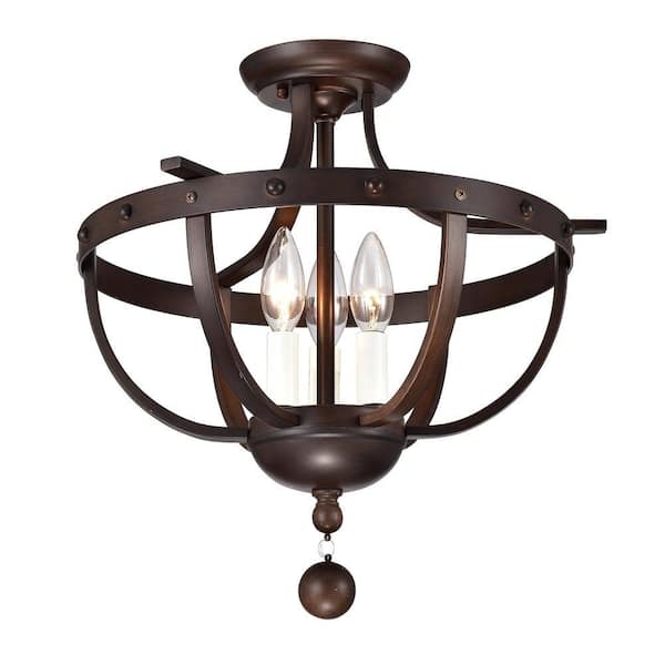 Warehouse of Tiffany Bopelo 15.75 in. 3-Light Indoor Bronze Semi-Flush Mount Chandelier with Light Kit