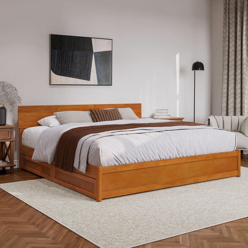 Wesley King Light Toffee Wood Platform Bed with Storage Drawers