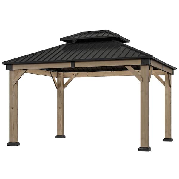 10 ft. x 12 ft. Outdoor Cedar Wood Frame Double Galvanized Steel Roof Gazebo with Ceiling Hook
