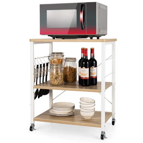 3-Tier Kitchen Baker's Rack Microwave Oven Storage Cart with Hooks Beige