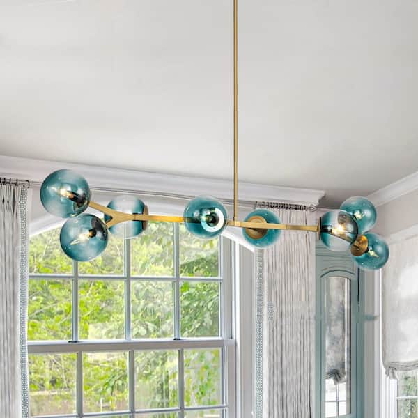Dvorakova 55.9 in. 8-Light Brass Sputnik Bubble Chandelier with Gradient Blue Glass Shades