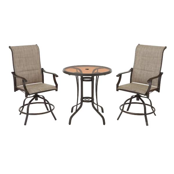 Riverbrook Espresso Brown 3-Piece Outdoor Patio Steel Round Padded Sling Swivel Balcony Bistro Set