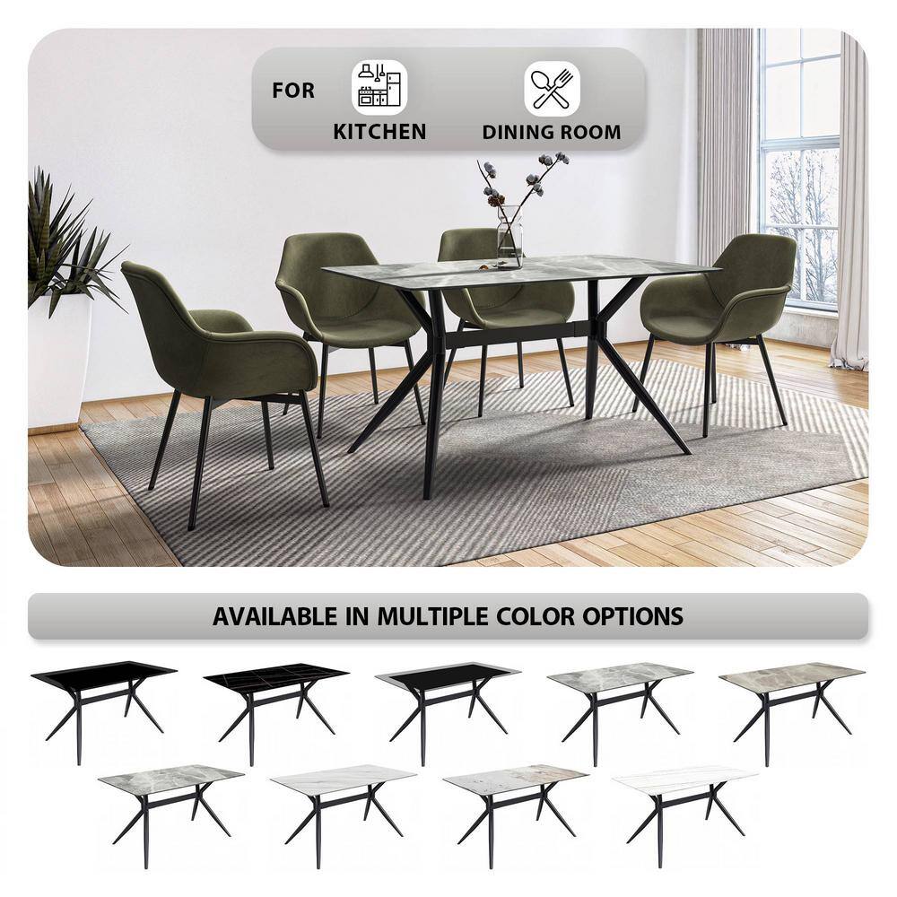 Modern Light Grey Glass Dining Table with Black Steel Base, 62"