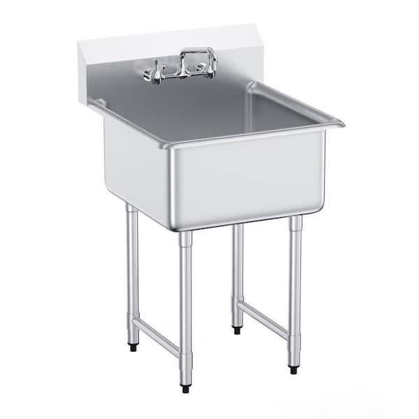 24 in Stainless Steel Single Bowl Prep and Utility Sink with Faucet and Legs, Freestanding Commercial Sink, 27 x 41 in