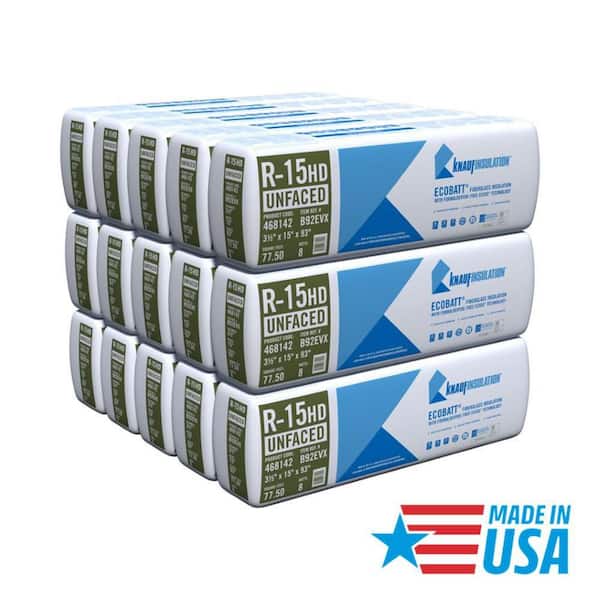 R15 Unfaced 15 in. x 93 in. Precut Fiberglass Insulation Batts, Floor, 2x4 Wall - Class A Fire-Rated, USA Made (15-Bags)