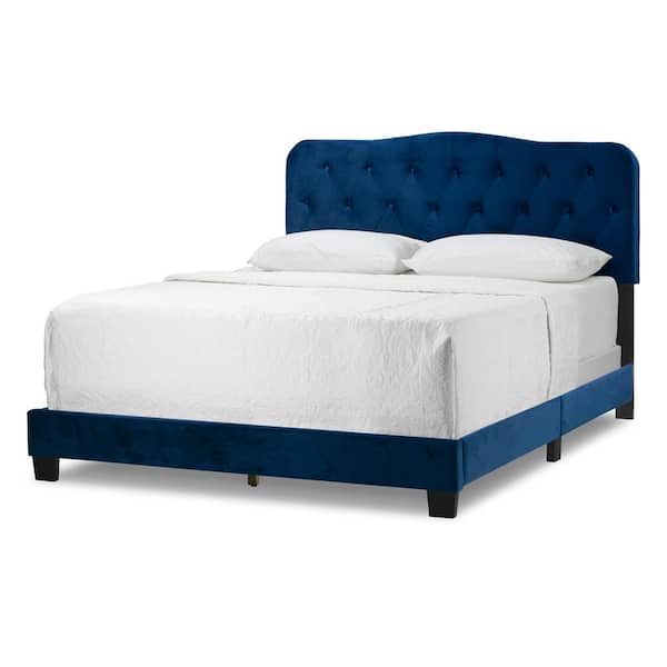 Glamour Home Artan Navy Blue Velvet Queen Bed with Button Tufting