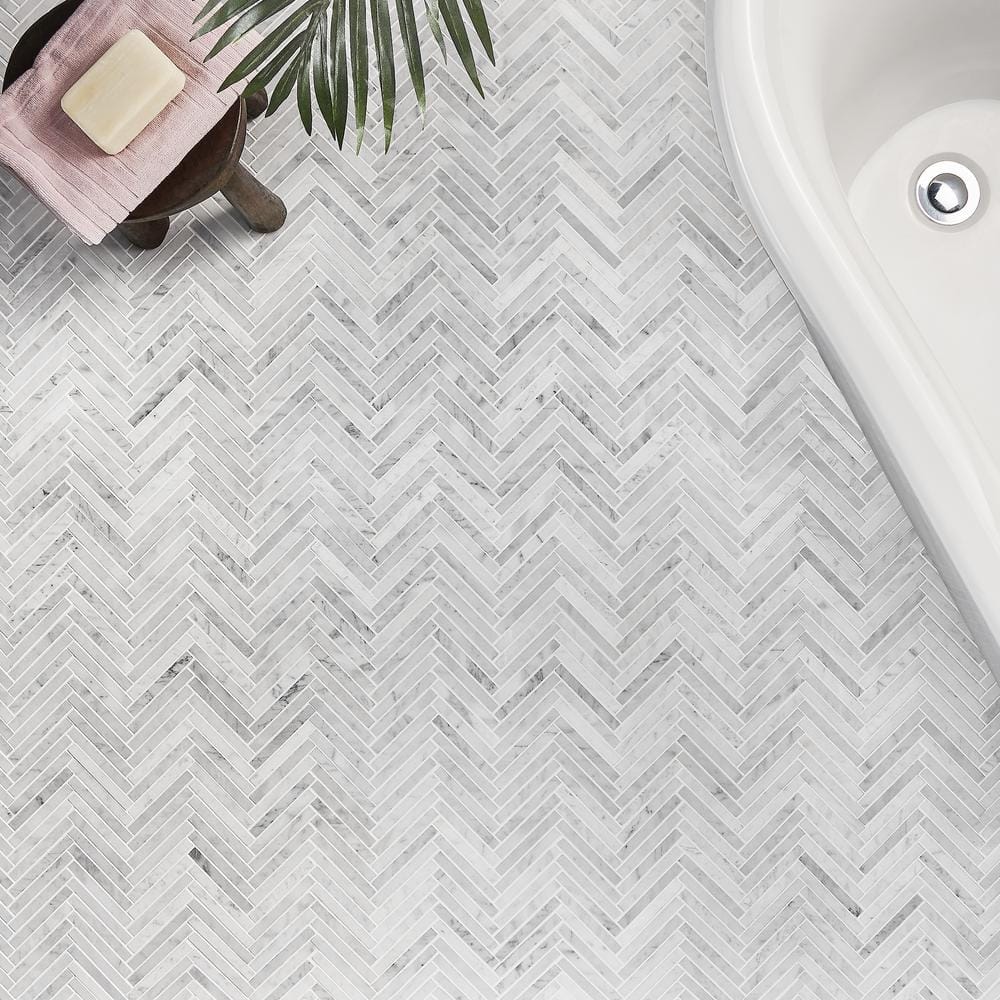 Carrara White Polished Marble Herringbone Mosaic Tile